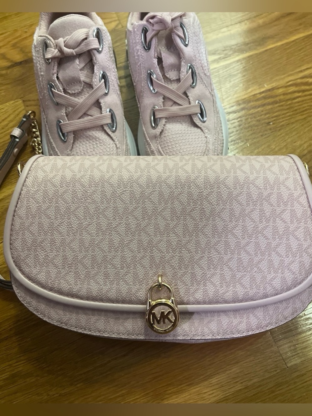 Michael Kors Light Pink Signature Logo Crossbody with Gold MK Charm